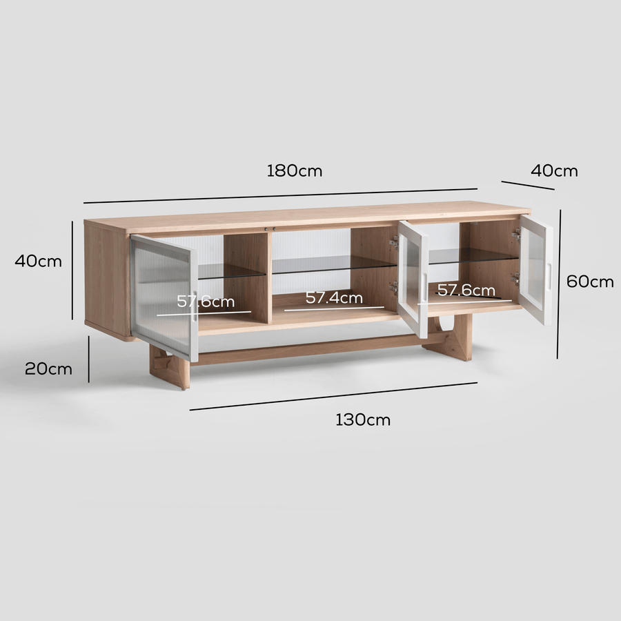 Oscar 1.8m Natural Oak and Fluted Glass Low Sideboard measurements