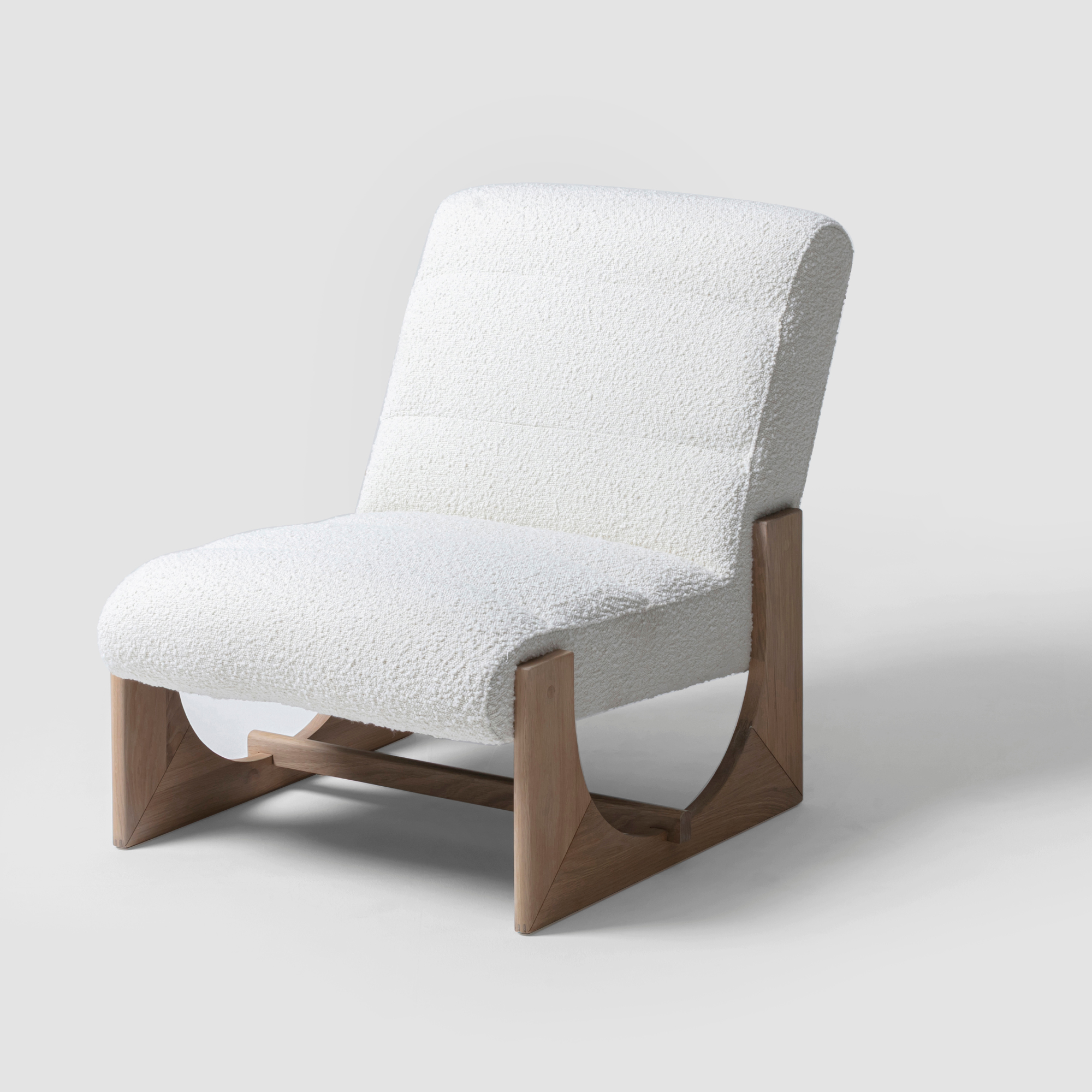 Oscar Lounge Chair in soft natural boucle upholstery with warm oak timber frame.
