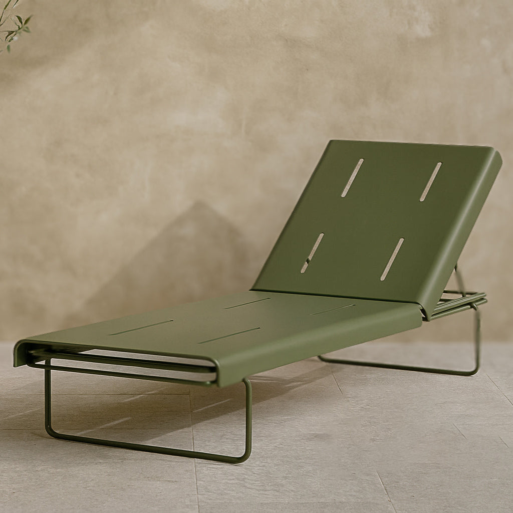 Olive Parco Outdoor Sun Bed styled on a sunlit terrace with potted greenery, modern lines and comfortable reclined profile.