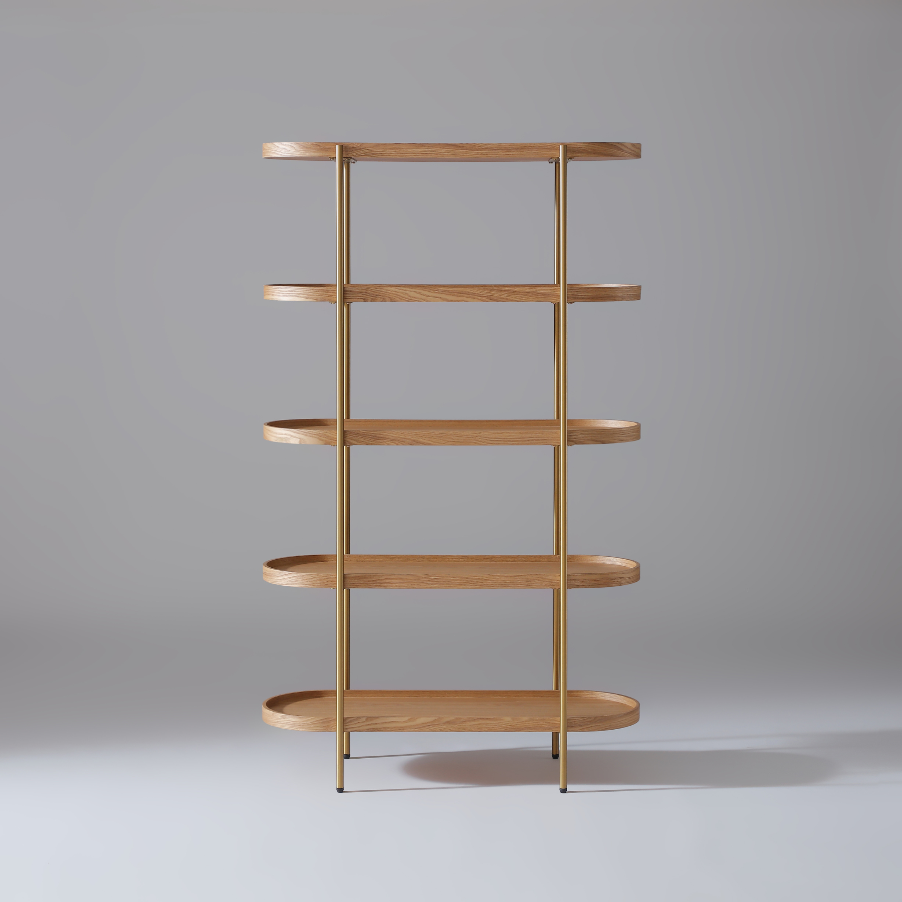 Tall 165cm x 100cm bookcase in Natural Ash with five open shelves and metallic gold frame.

