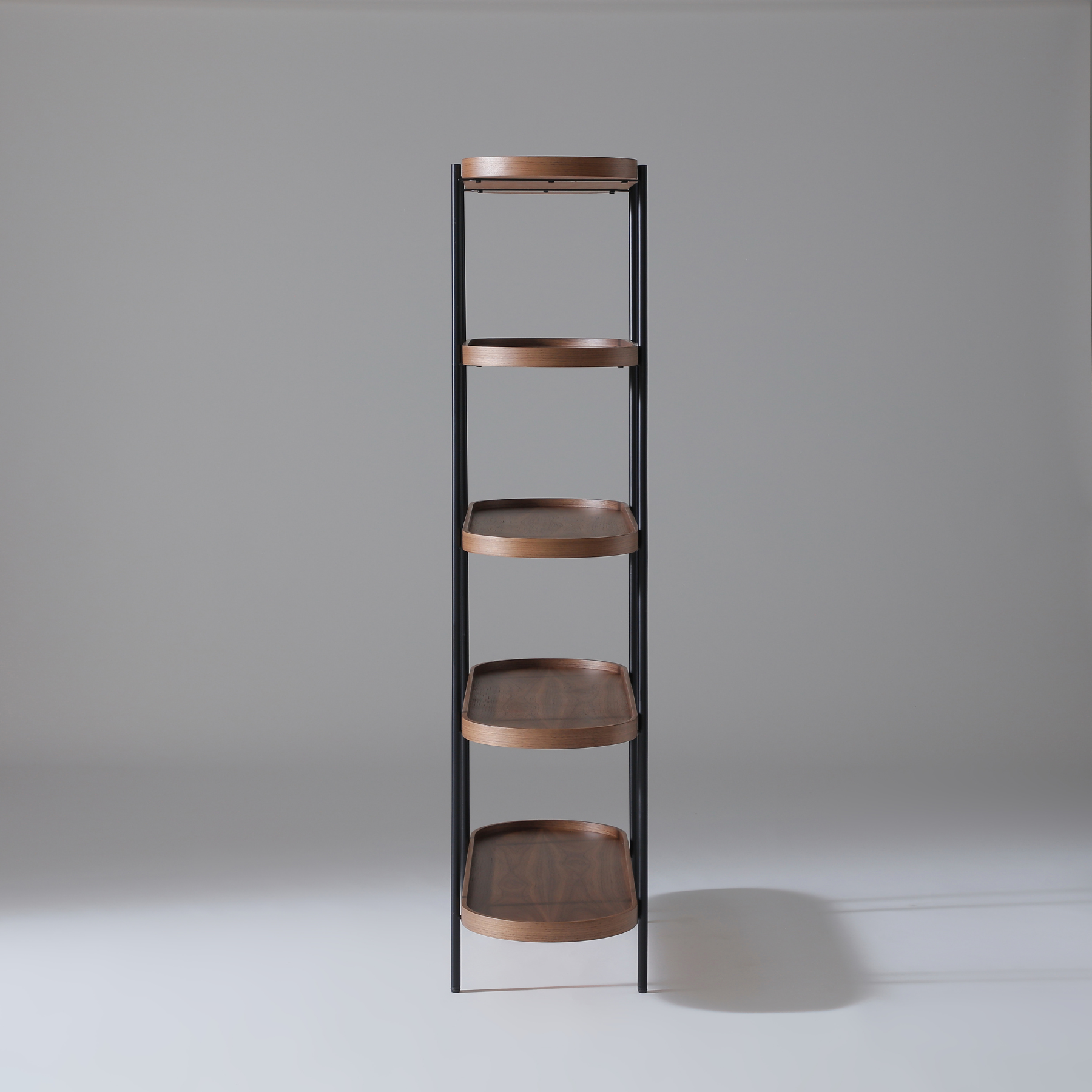 Tall 165cm x 100cm bookcase in Walnut with five open shelves and modern black metal frame.