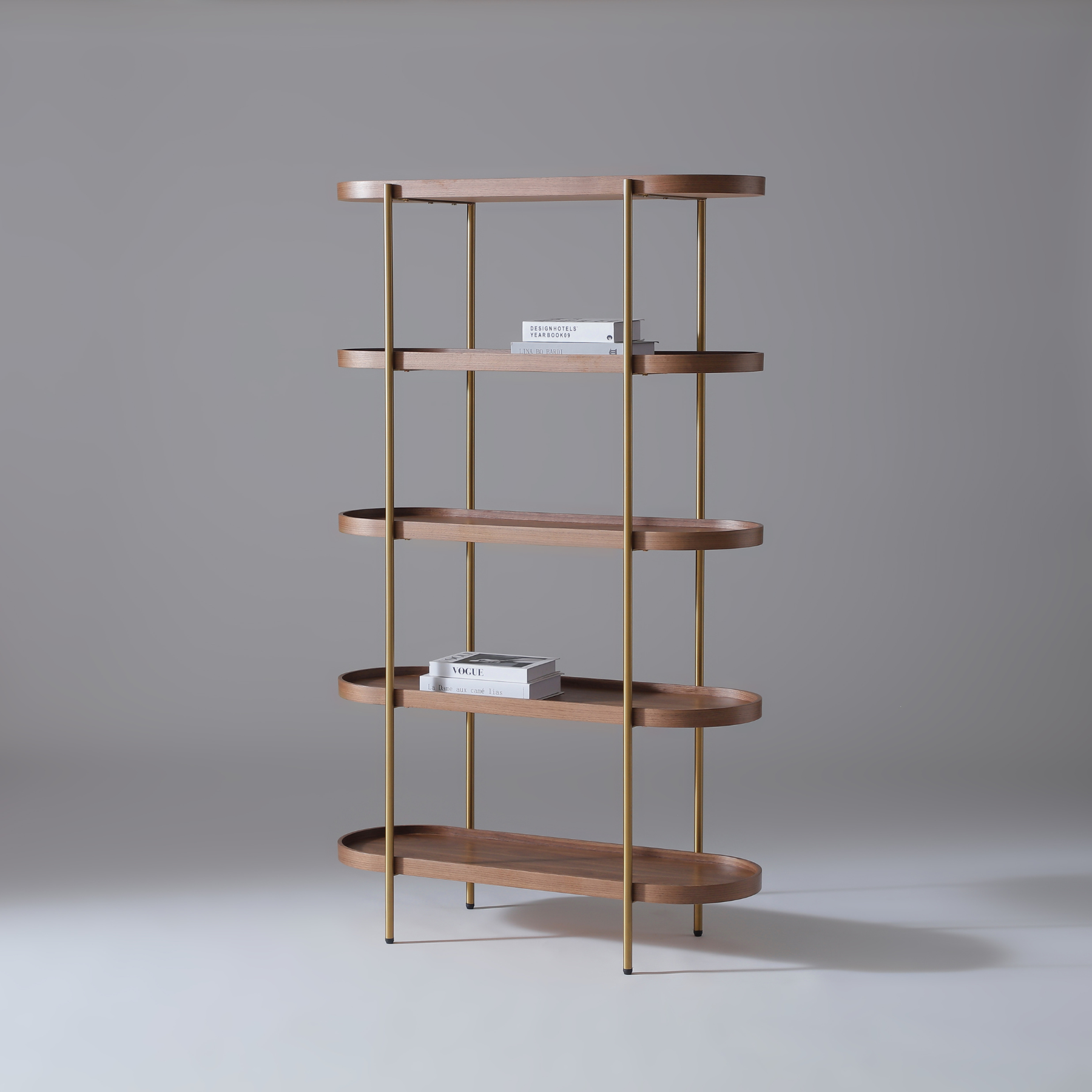 Walnut and gold 5 tier shelving unit with sleek metal frame and warm timber finish.
