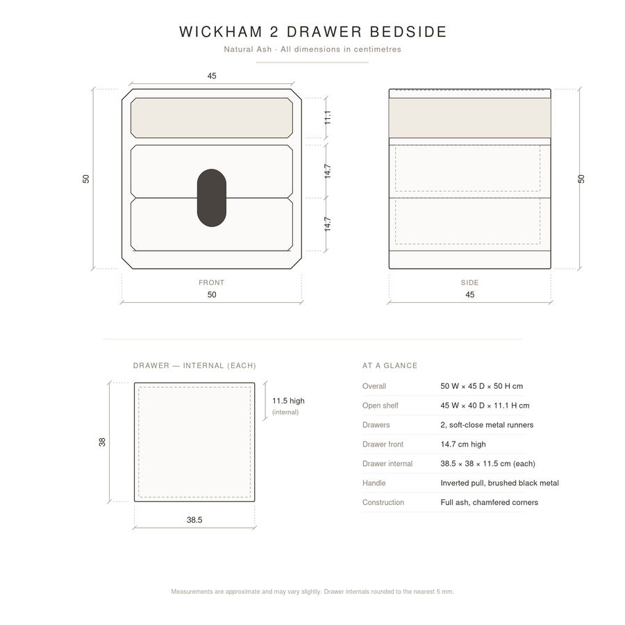 Wickham 2 Drawer Bedside Natural Ash measurements