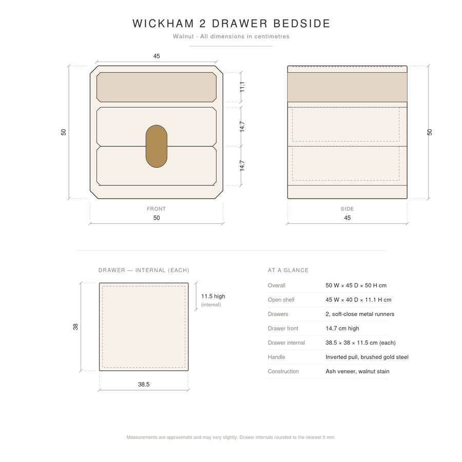 Wickham 2 Drawer Bedside Walnut measurements