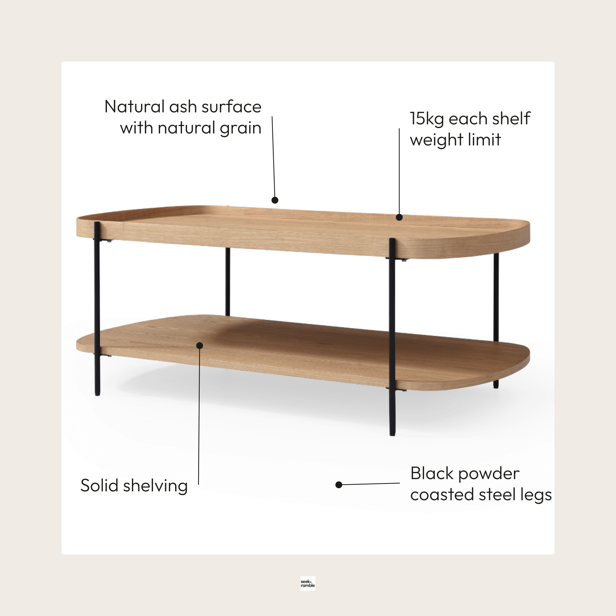 Seek & Ramble Coffee Tables Cleo 120cm Rectangle Coffee Table Natural Ash & Black