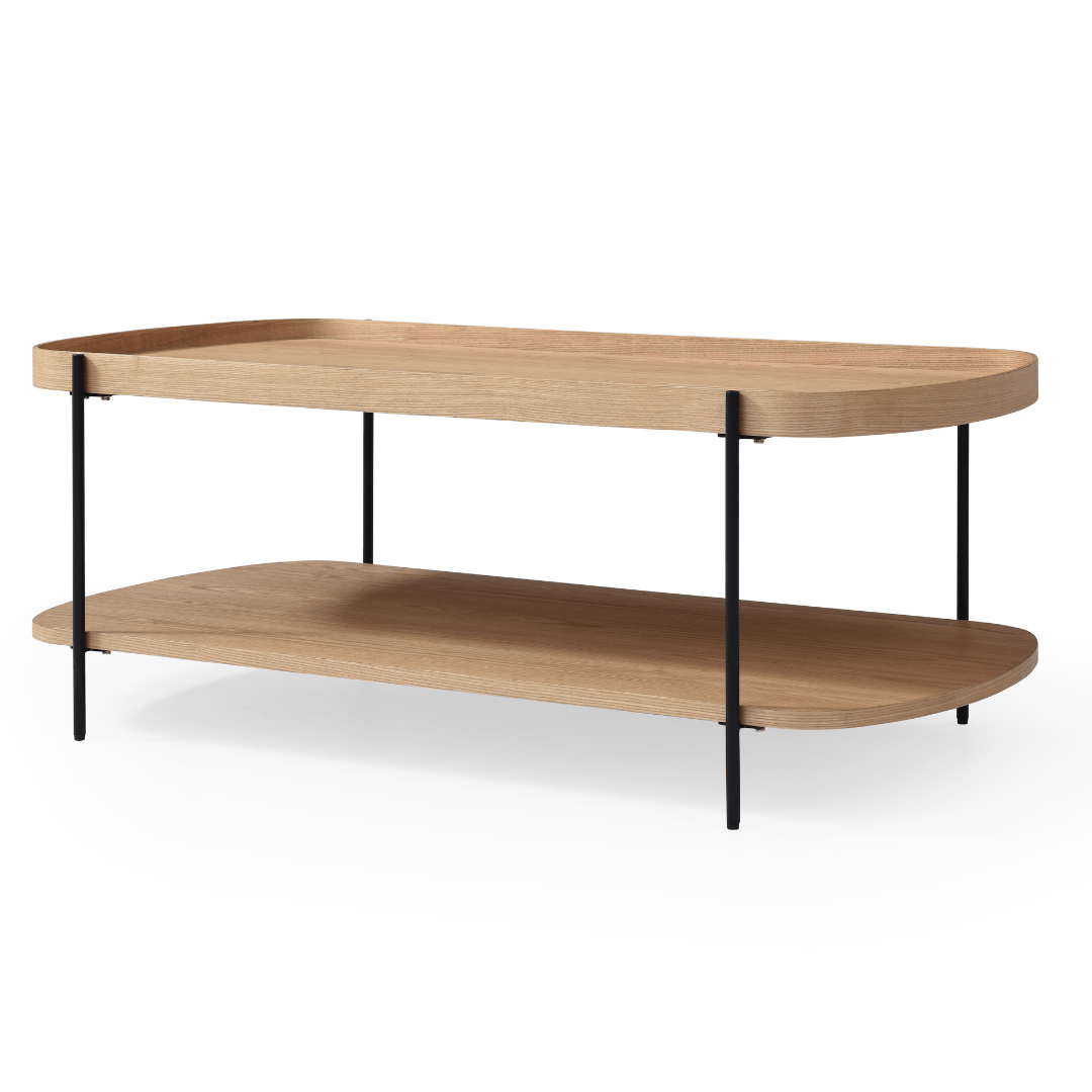 Seek & Ramble Coffee Tables Black Leg Cleo 120cm Rectangle Coffee Table Natural Ash With Storage Shelf