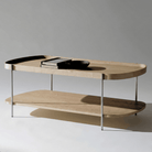 Seek & Ramble Coffee Tables Brushed Steel Cleo 120cm Rectangle Coffee Table Natural Ash With Storage Shelf