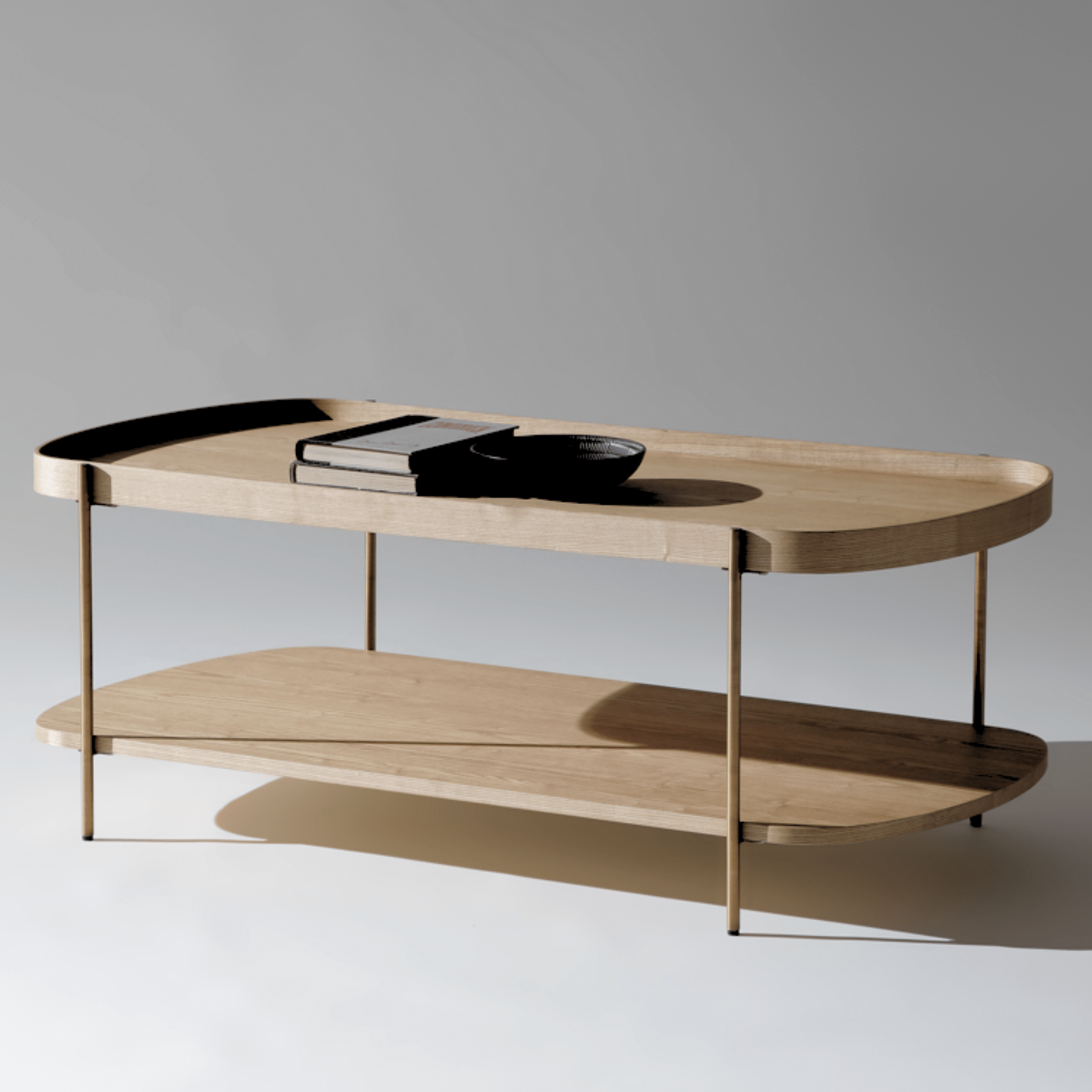 Seek & Ramble Coffee Tables Gold Frame Cleo 120cm Rectangle Coffee Table Natural Ash With Storage Shelf