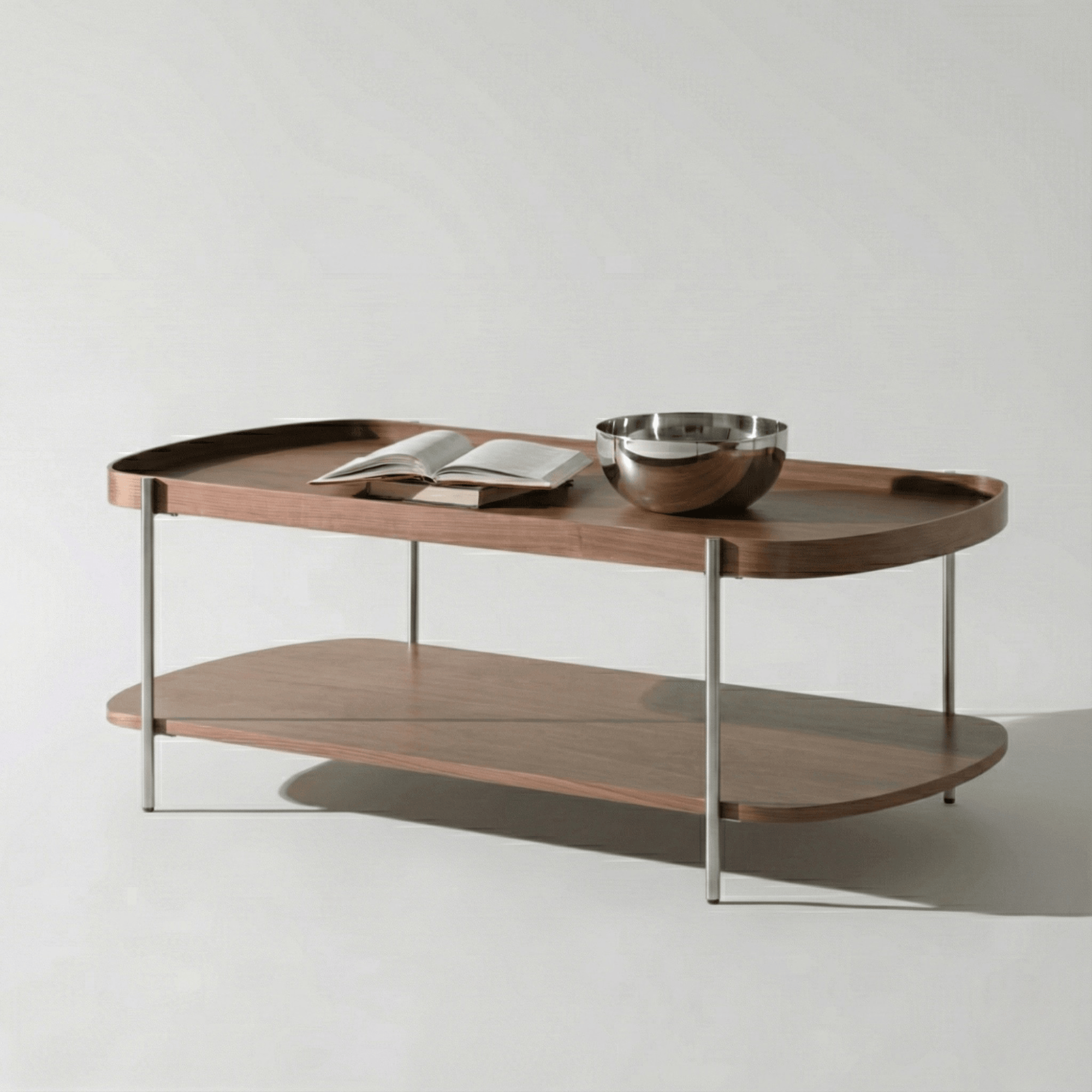 Seek & Ramble Coffee Tables Brushed Steel Cleo 120cm Rectangle Coffee Table Walnut With Storage Shelf