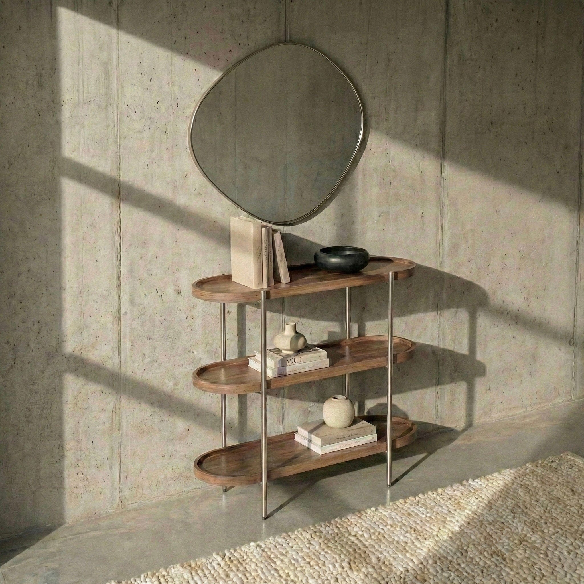 Seek & Ramble Shelving Cleo 3 Tier Bookshelf/Console Walnut & Brushed Stainless Steel Legs