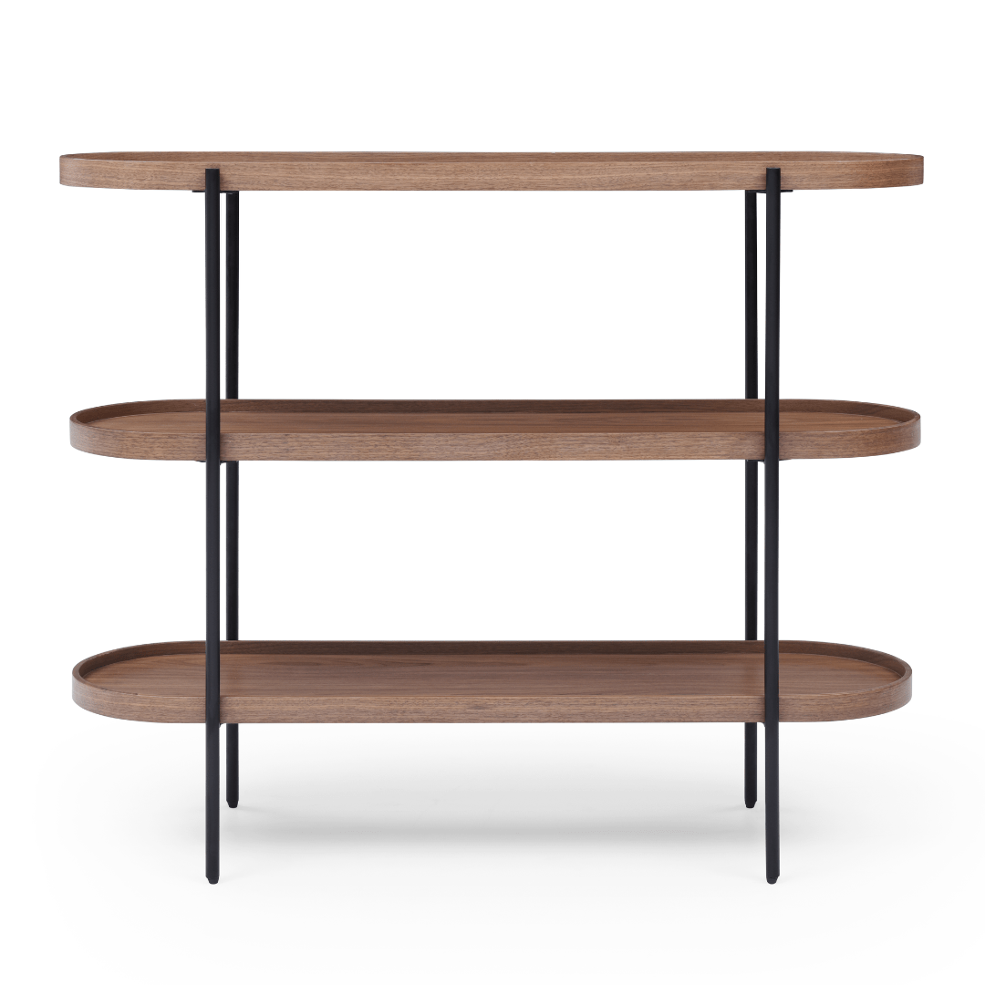 Seek & Ramble Shelving Black Frame Cleo 3 Tier Shelf 120cm x 80cm Bookcase/Console Walnut Gold Frame