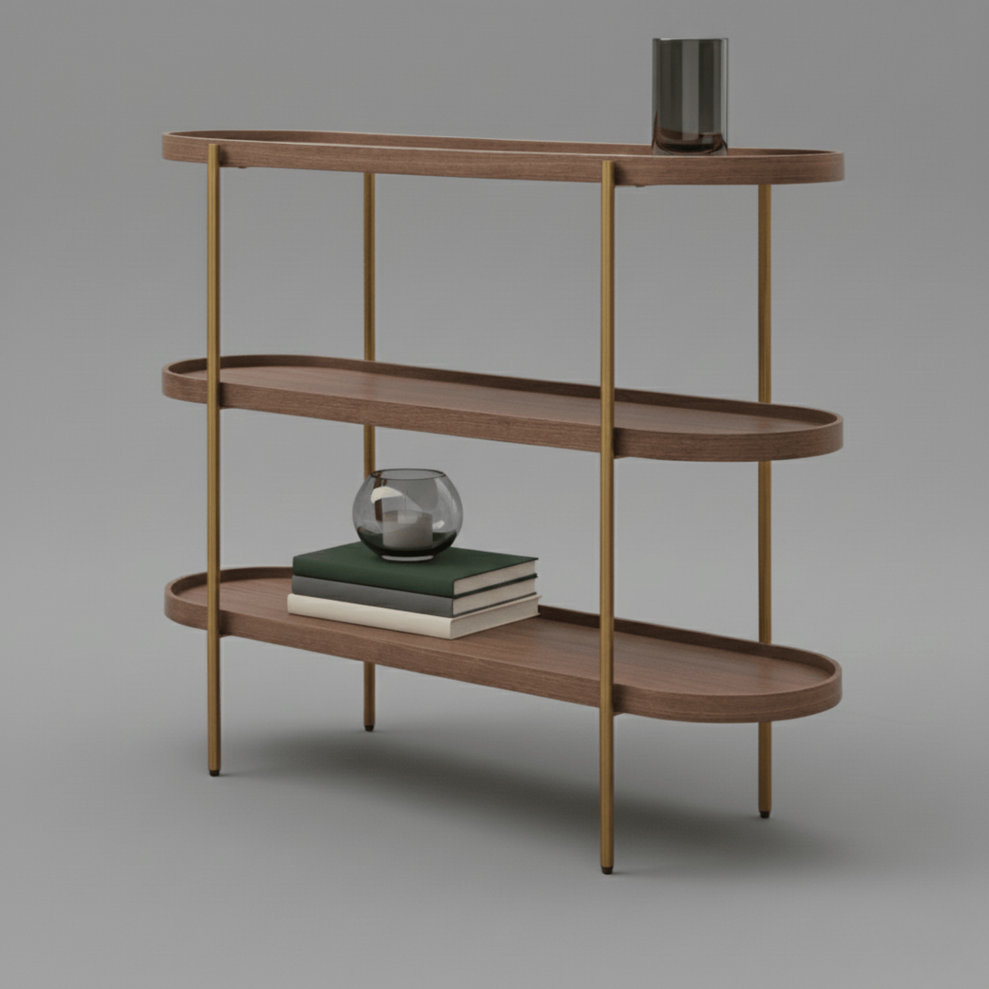 Seek & Ramble Shelving Cleo 3 Tier Shelf 120cm x 80cm Bookcase/Console Walnut & Gold Frame