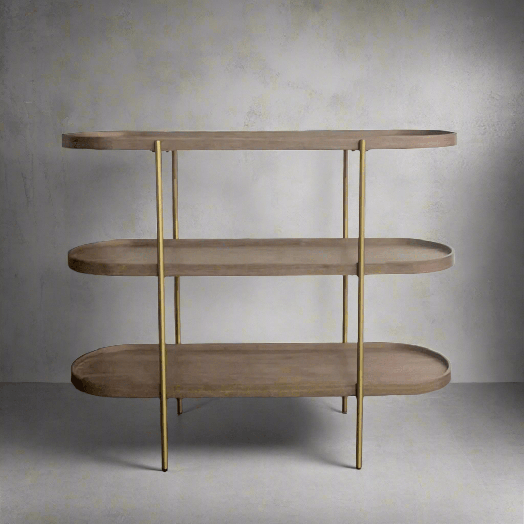 Seek & Ramble Shelving Cleo 3 Tier Shelf 120cm x 80cm Bookcase/Console Walnut Gold Frame