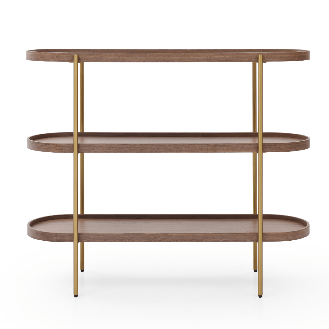 Seek & Ramble Shelving Cleo 3 Tier Shelf 120cm x 80cm Bookcase/Console Walnut Gold Frame