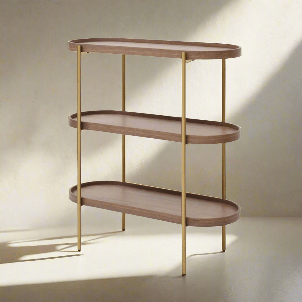 Seek & Ramble Shelving Cleo 3 Tier Shelf 90cm x 80cm Bookcase/Console Walnut Gold Frame