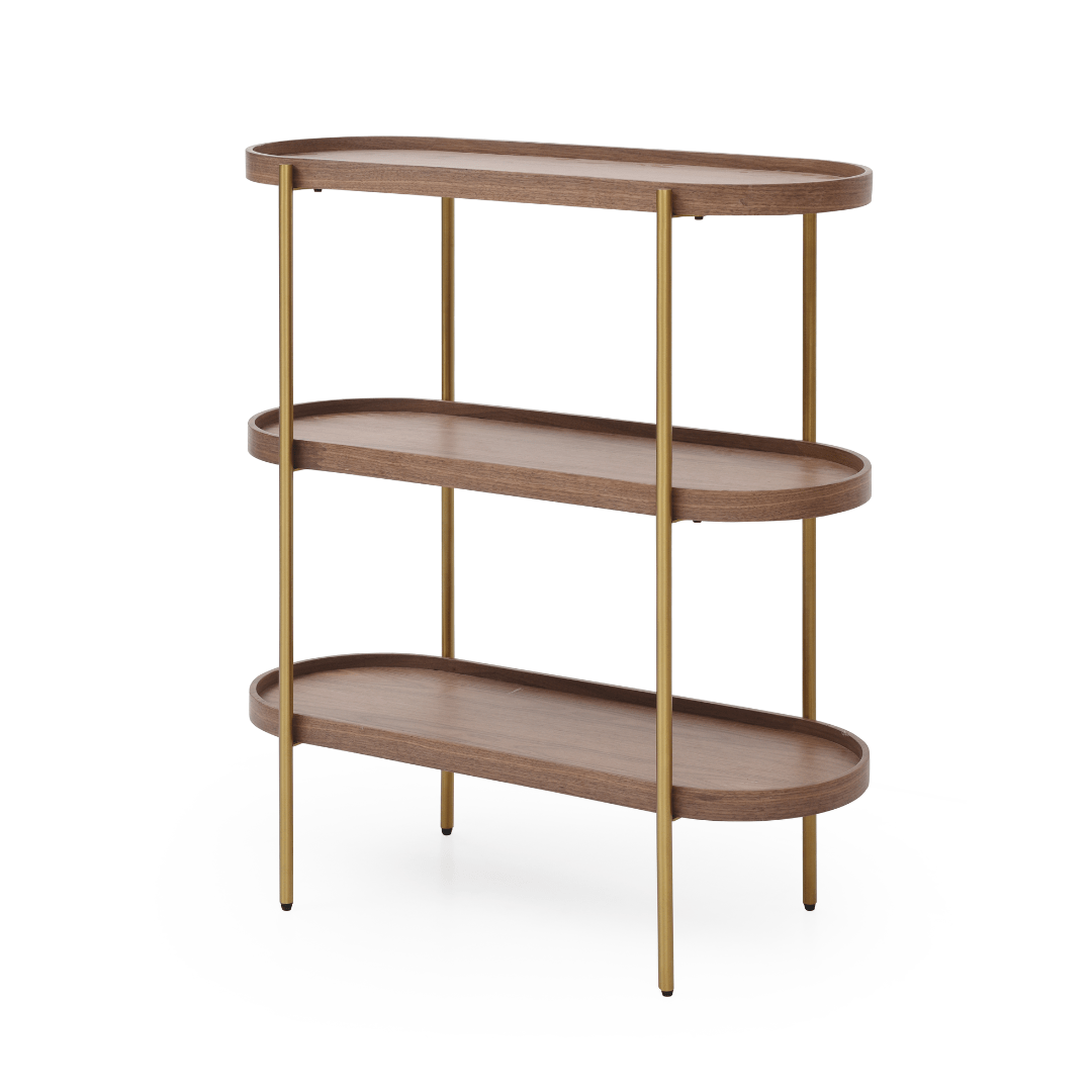 Seek & Ramble Shelving Gold Leg Cleo 3 Tier Shelf 90cm x 80cm Bookcase/Console Walnut Gold or Black Frame