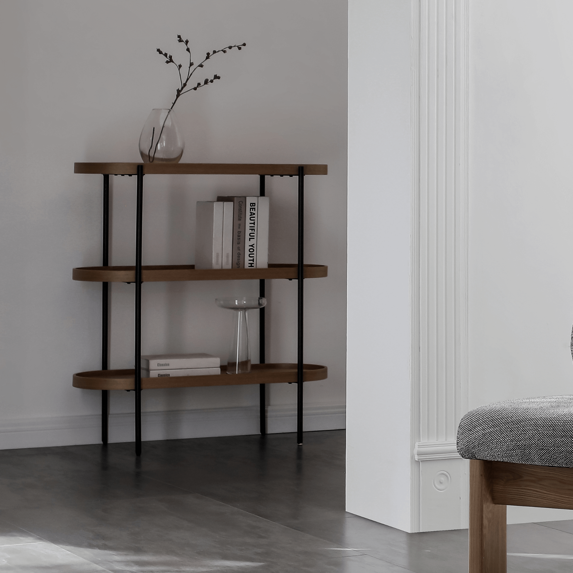 Seek & Ramble Shelving Cleo 3 Tier Shelf 90cm x 80cm Bookcase/Console Walnut Gold or Black Frame