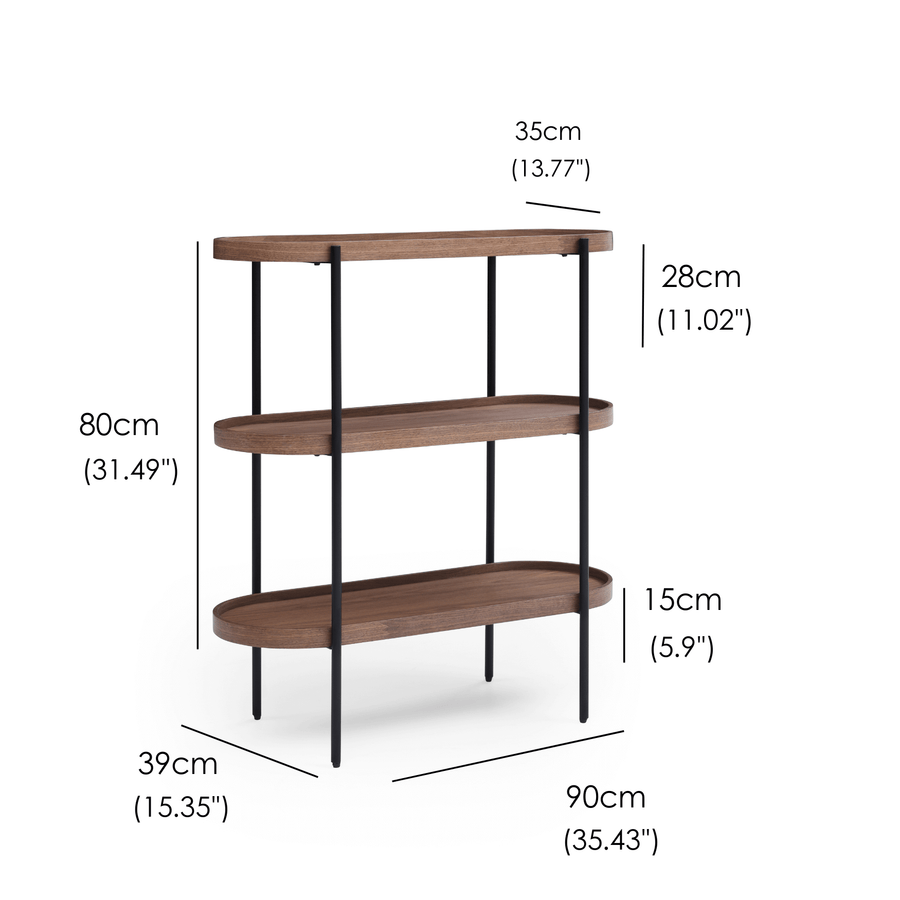 Cleo 3 Tier 90cm x 98cm Bookshelf Walnut & Brushed Stainless Steel measurements