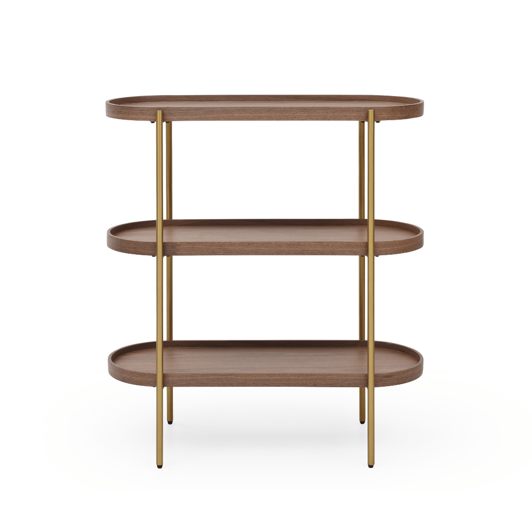 Seek & Ramble Shelving Cleo 3 Tier Shelf 90cm x 80cm Bookcase/Console Walnut Gold or Black Frame