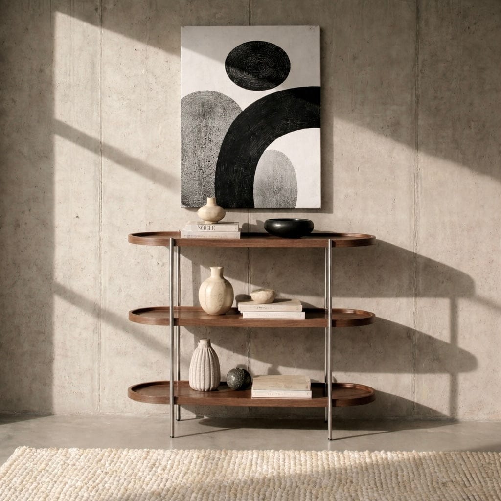 Seek & Ramble Shelving Cleo 3 Tier Wide Bookshelf/Console Walnut & Brushed Stainless Steel Legs