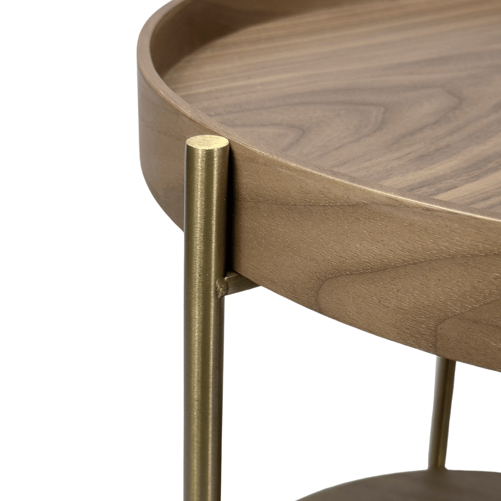SeekandRamble Side Tables Cleo 40cm Round Side Table Gold Legs With Storage Shelf Walnut
