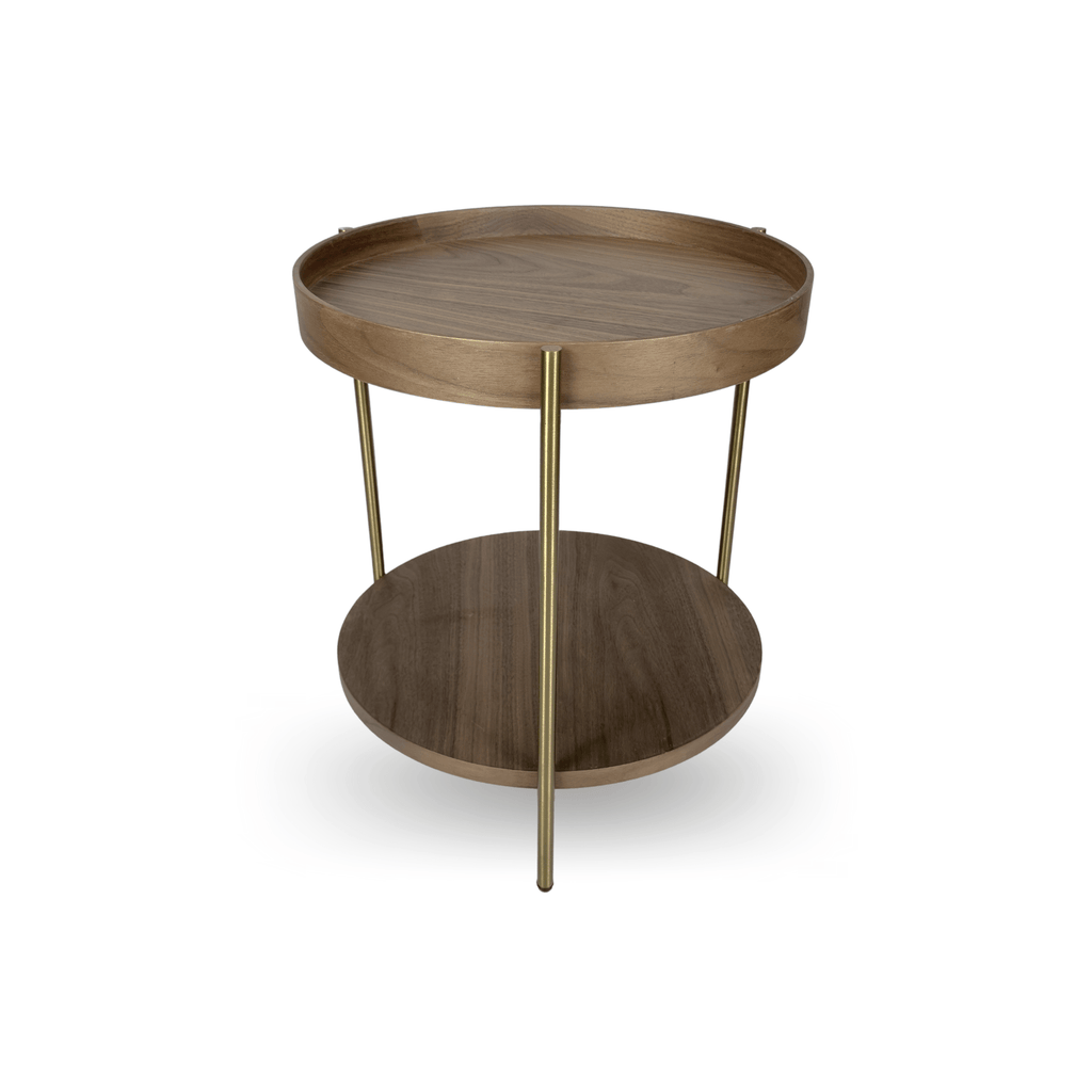 SeekandRamble Side Tables Cleo 40cm Round Side Table Gold Legs With Storage Shelf Walnut