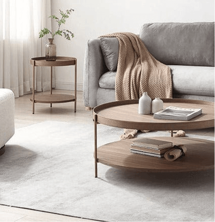 Seek & Ramble Side Tables Cleo 40cm Round Side Table Gold Legs With Storage Shelf Walnut