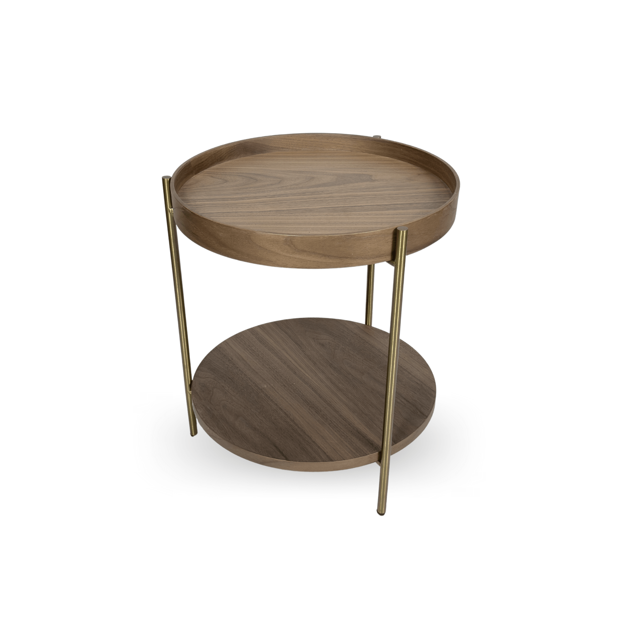 Seek & Ramble Side Tables Cleo 40cm Round Side Table Gold Legs With Storage Shelf Walnut