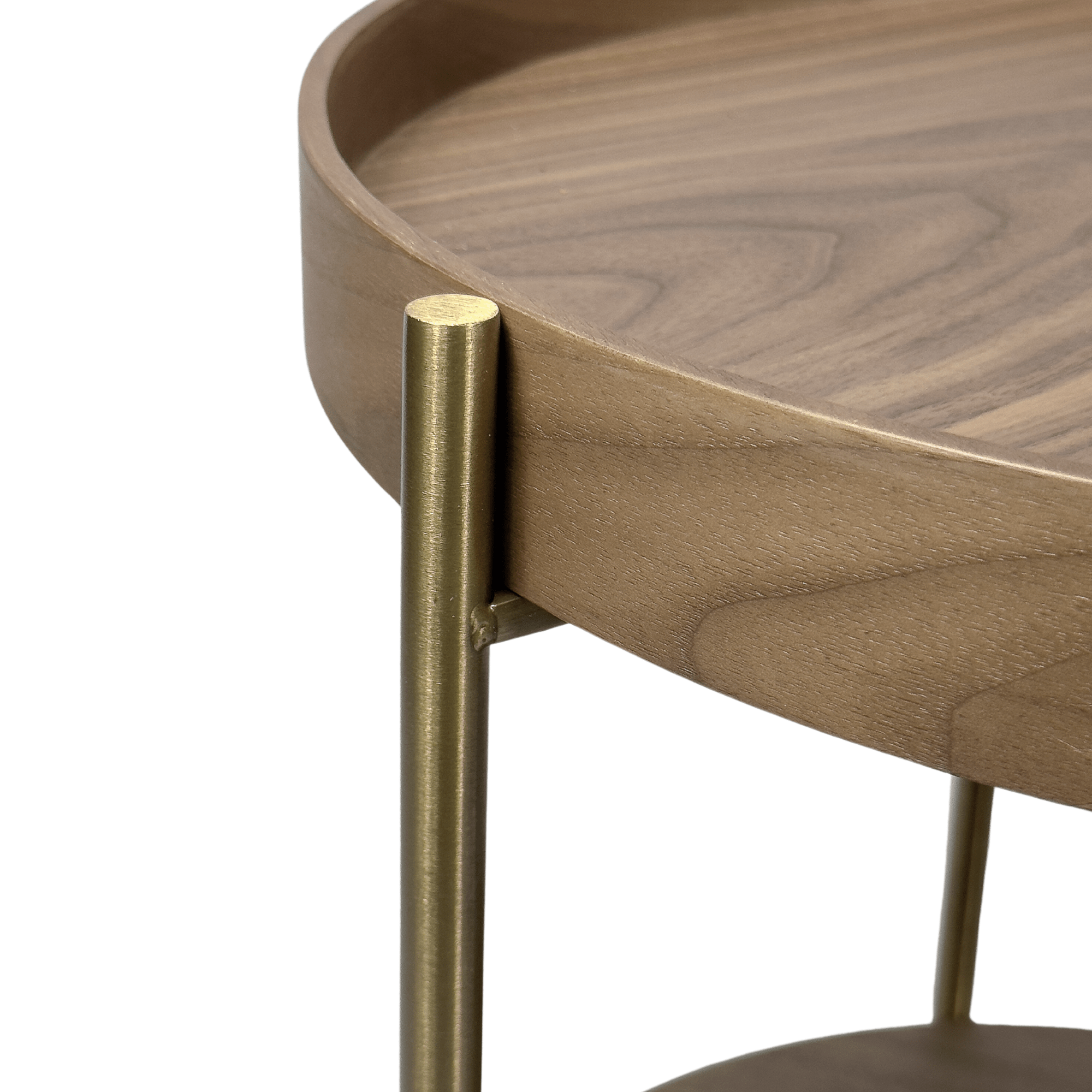 Seek & Ramble Side Tables Cleo 40cm Round Side Table Gold Legs With Storage Shelf Walnut