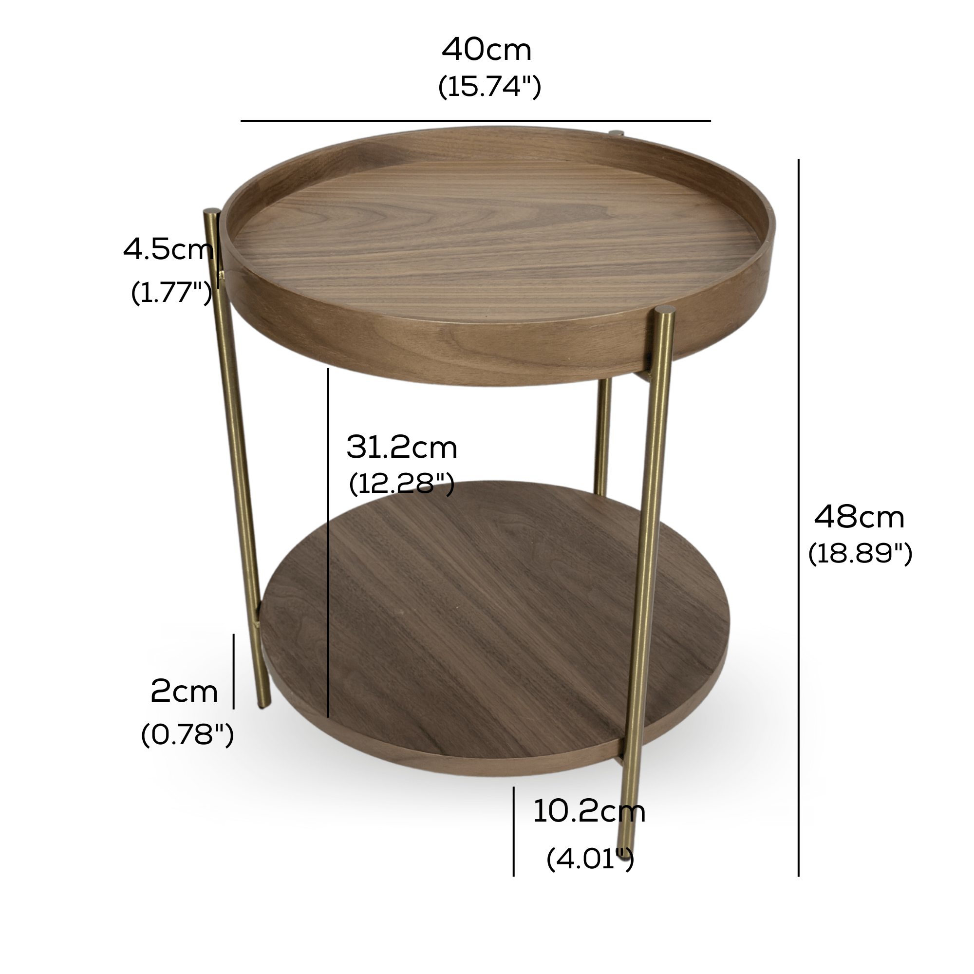 Seek & Ramble Side Tables Cleo 40cm Round Side Table Gold Legs With Storage Shelf Walnut