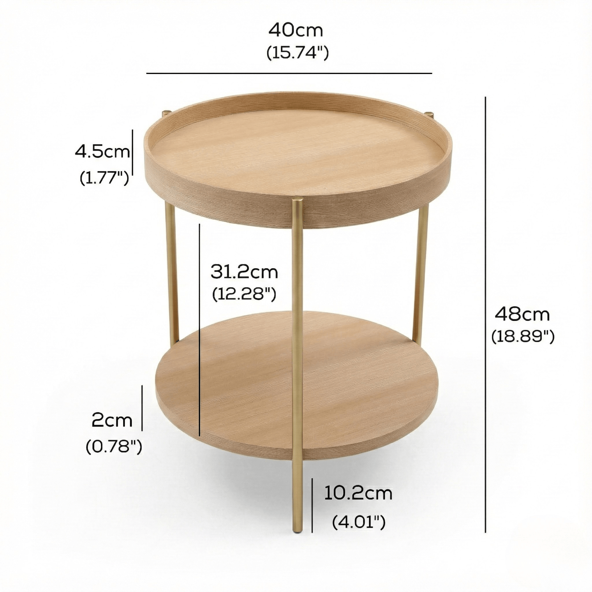 Seek & Ramble Side Tables Cleo 40cm Round Side Table With Storage Shelf Ash Gold Legs