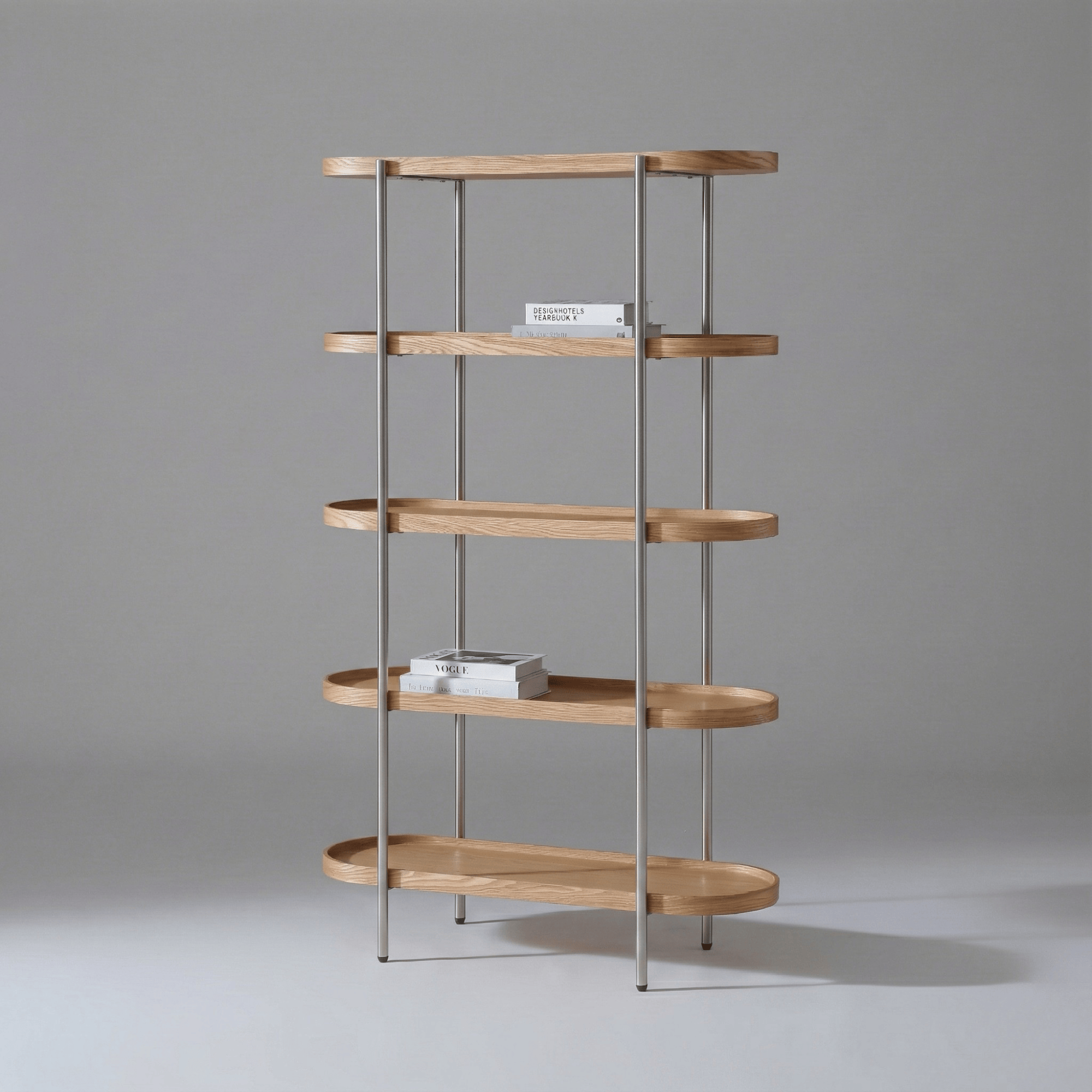 Seek & Ramble Shelving Cleo 5 Tier Shelf 165cm x 100cm Bookcase Natural Ash Brushed Stainless Steel