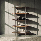 Seek & Ramble Shelving Cleo 5 Tier Tall Bookshelf Walnut & Brushed Stainless Steel