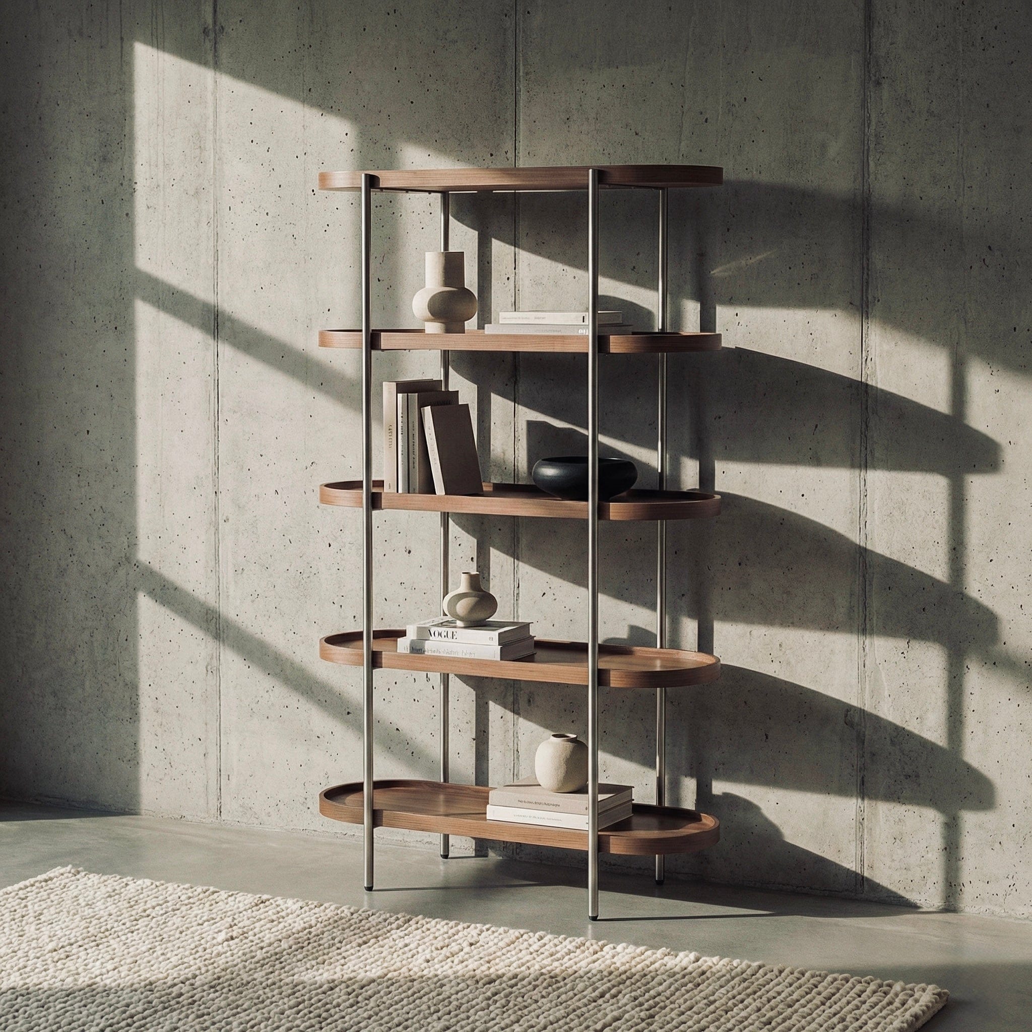 Seek & Ramble Shelving Cleo 5 Tier Tall Bookshelf Walnut & Brushed Stainless Steel