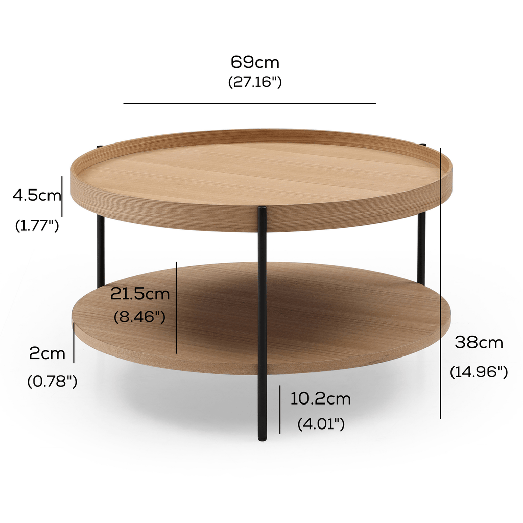SeekandRamble Coffee Tables Cleo 69cm Round Coffee Table Ash With Storage Shelf