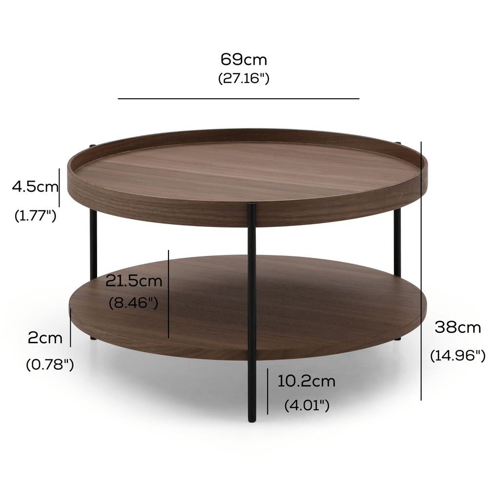 SeekandRamble Coffee Tables Cleo 69cm Round Coffee Table Walnut With Storage Shelf