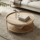 Seek & Ramble Coffee Tables Cleo 90cm Round Coffee Table Ash With Storage Shelf Gold Legs