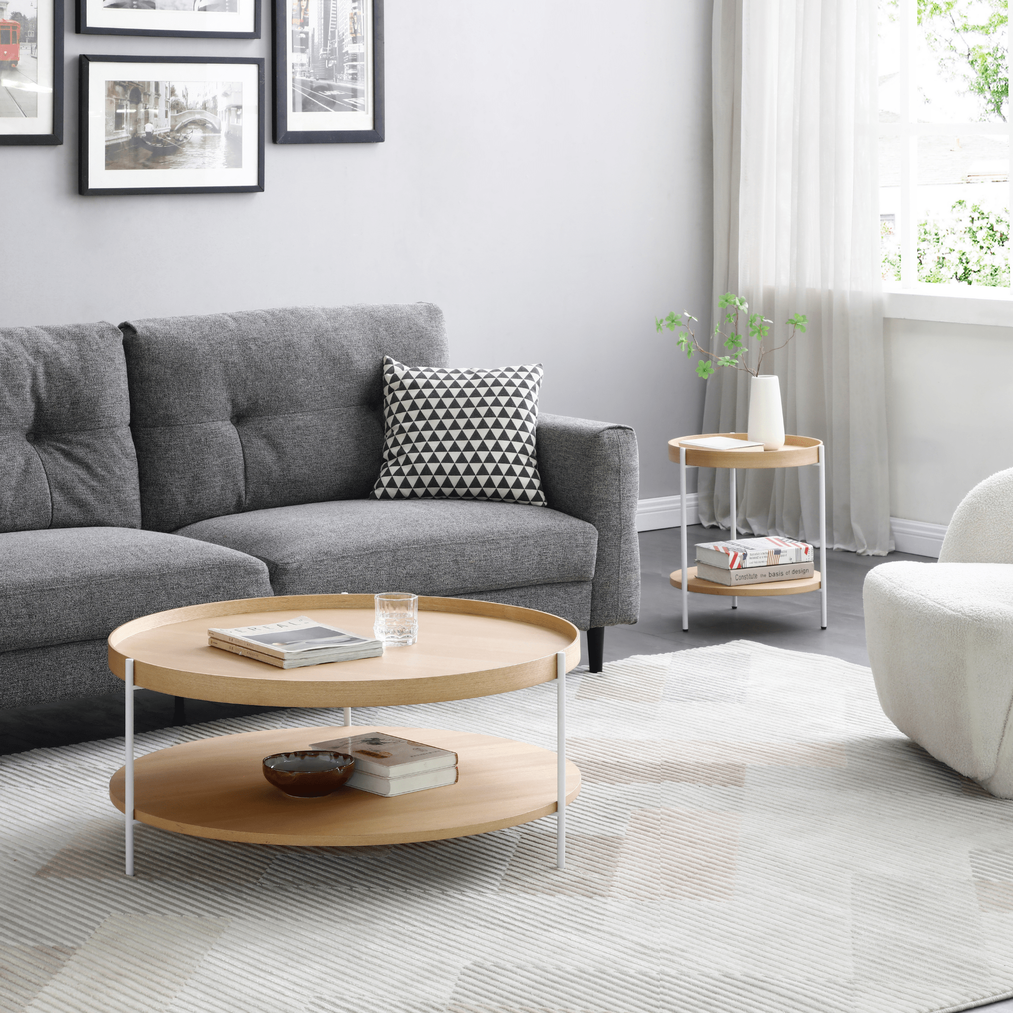 Seek & Ramble Coffee Tables Cleo 90cm Round Coffee Table Ash With Storage Shelf White Legs