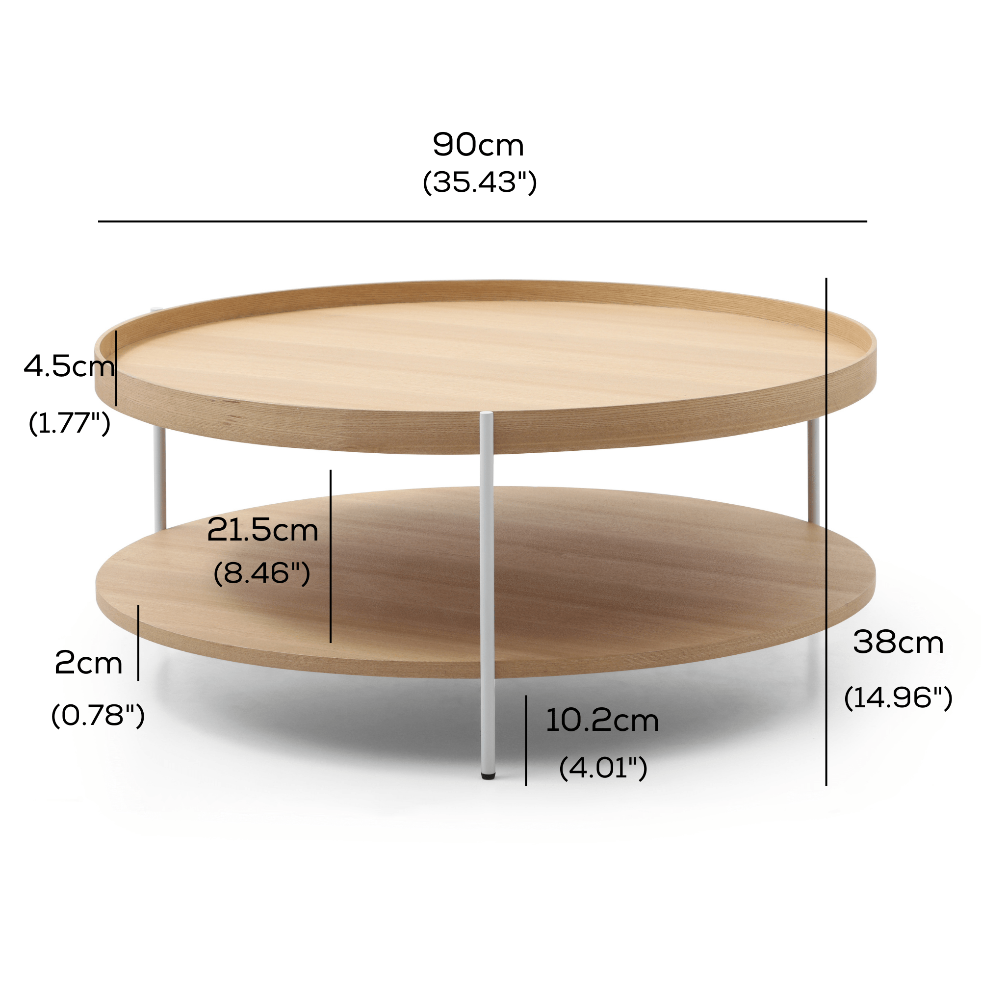 Seek & Ramble Coffee Tables Cleo 90cm Round Coffee Table Ash With Storage Shelf White Legs