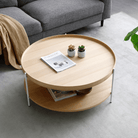 Seek & Ramble Coffee Tables Cleo 90cm Round Coffee Table Ash With Storage Shelf White Legs