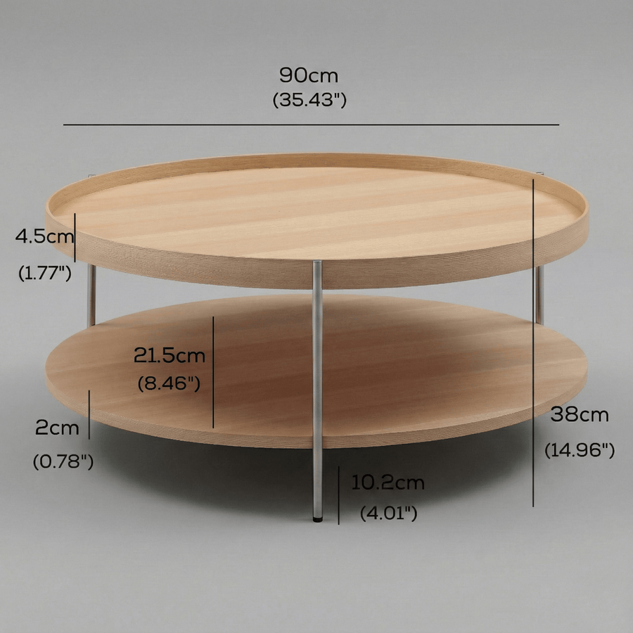 Cleo 90cm Round Coffee Table Natural Ash & Brushed Stainless Steel Legs measurements