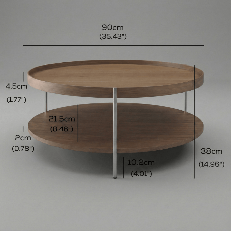 Cleo 90cm Round Coffee Table Walnut & Brushed Stainless Steel Legs measurements