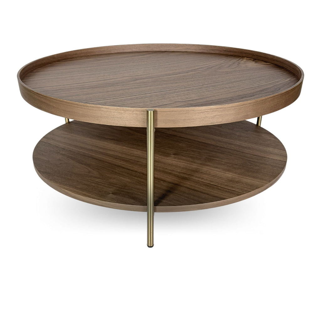 SeekandRamble Coffee Tables Cleo 90cm Round Coffee Table Walnut & Gold Legs With Storage Shelf