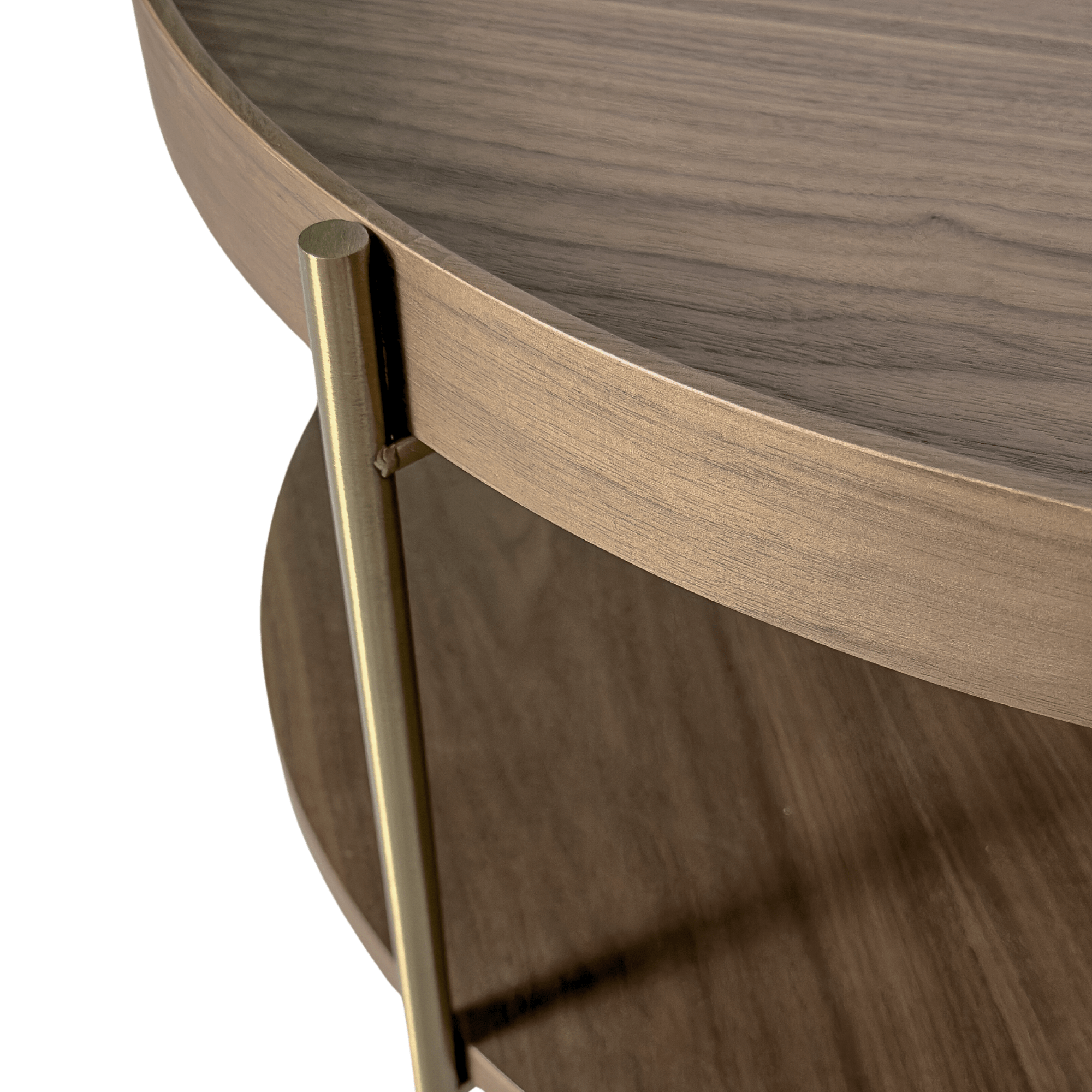 Seek & Ramble Coffee Tables Cleo 90cm Round Coffee Table Walnut & Gold Legs With Storage Shelf