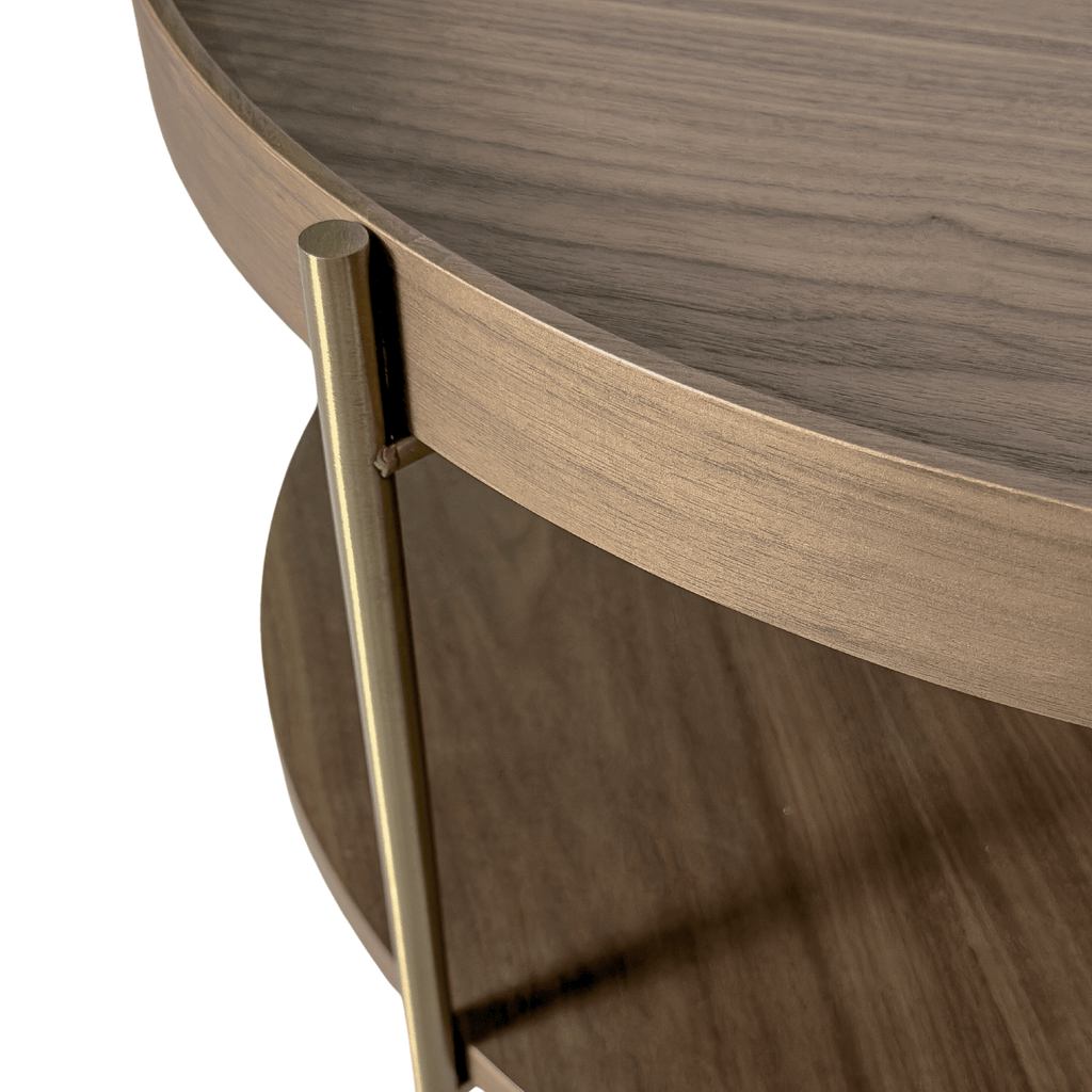 SeekandRamble Coffee Tables Cleo 90cm Round Coffee Table Walnut & Gold Legs With Storage Shelf