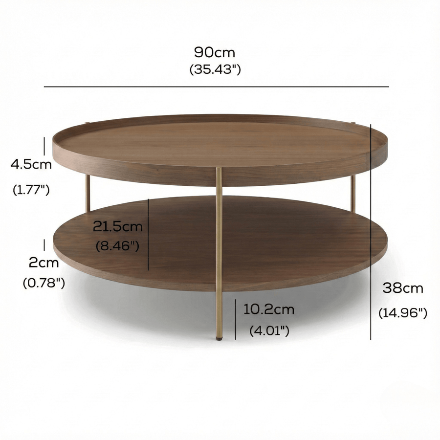 Cleo 90cm Round Coffee Table Walnut & Gold Legs With Storage Shelf measurements