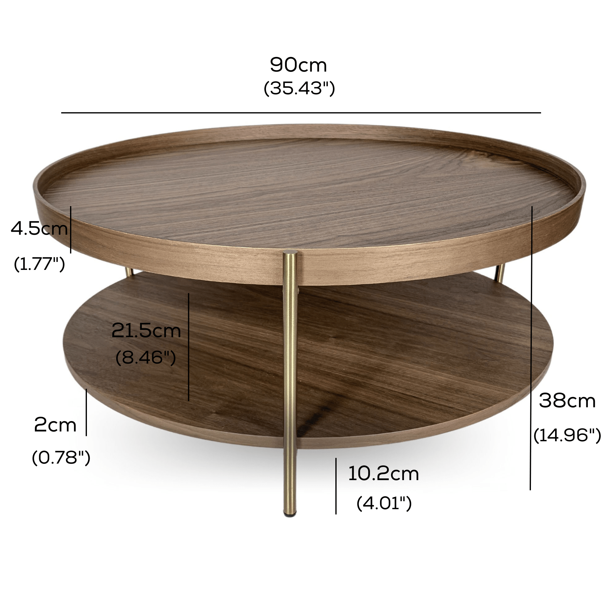 Seek & Ramble Coffee Tables Cleo 90cm Round Coffee Table Walnut & Gold Legs With Storage Shelf