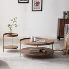 Seek & Ramble Coffee Tables Cleo 90cm Round Coffee Table Walnut & Gold Legs With Storage Shelf