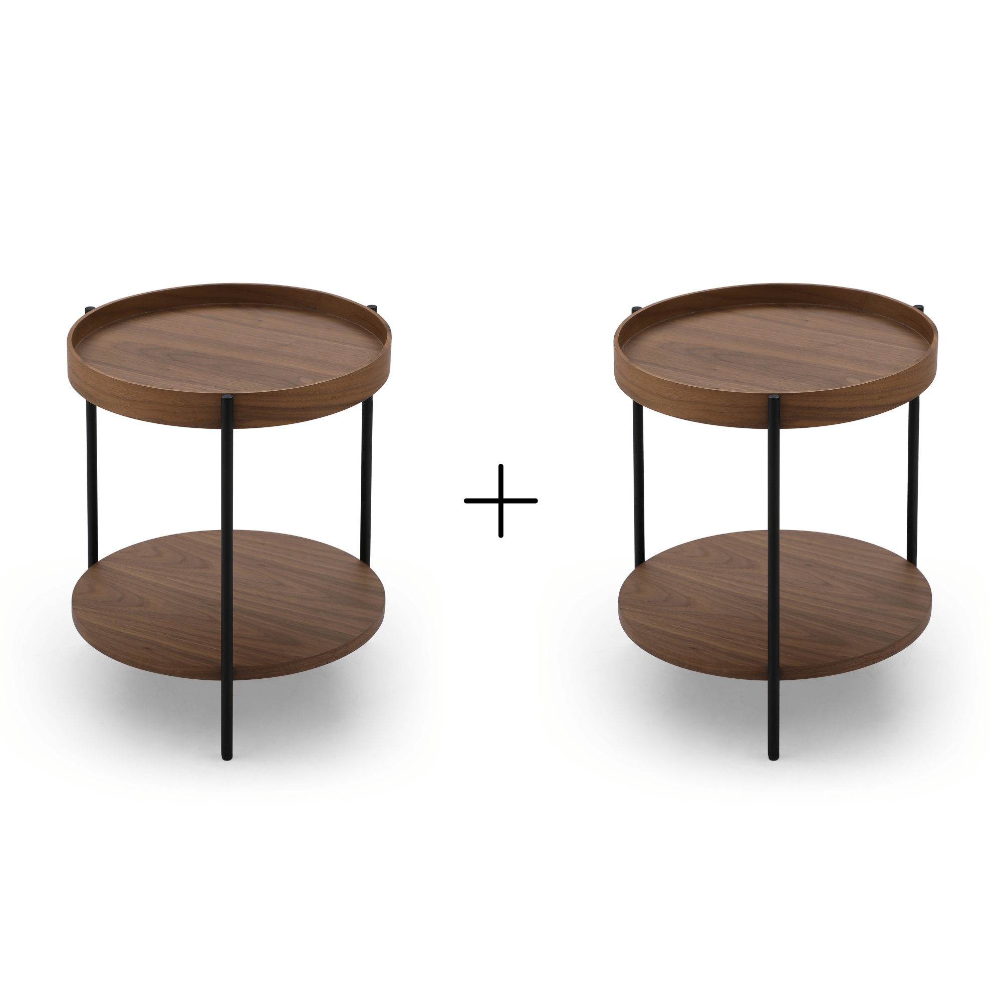 Seek & Ramble Bundles Cleo Set of 2 40cm Round Side Table With Storage Shelf Walnut Bundle