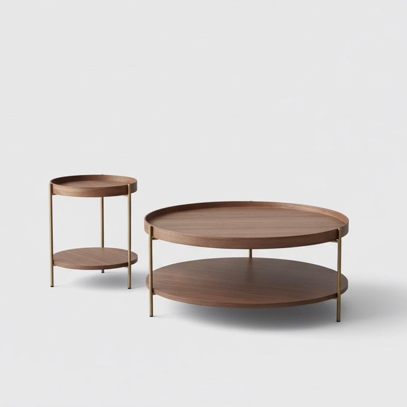 Seek & Ramble Coffee Tables Cleo Set of 2 90cm Round Coffee Table Walnut & Gold Legs With Storage Shelf Bundle